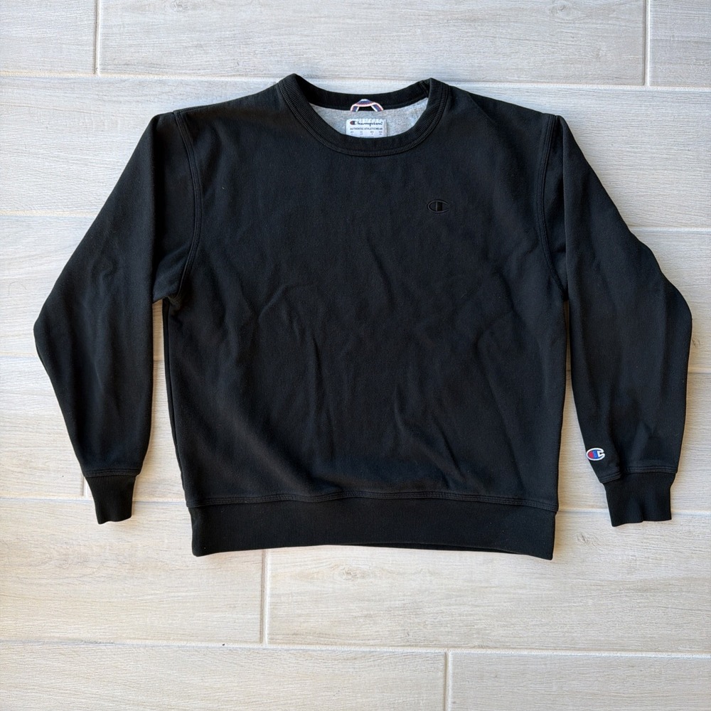 Champion Sweater Large Adult Black Crewneck Pullover Logo Athletic Casual Mens L